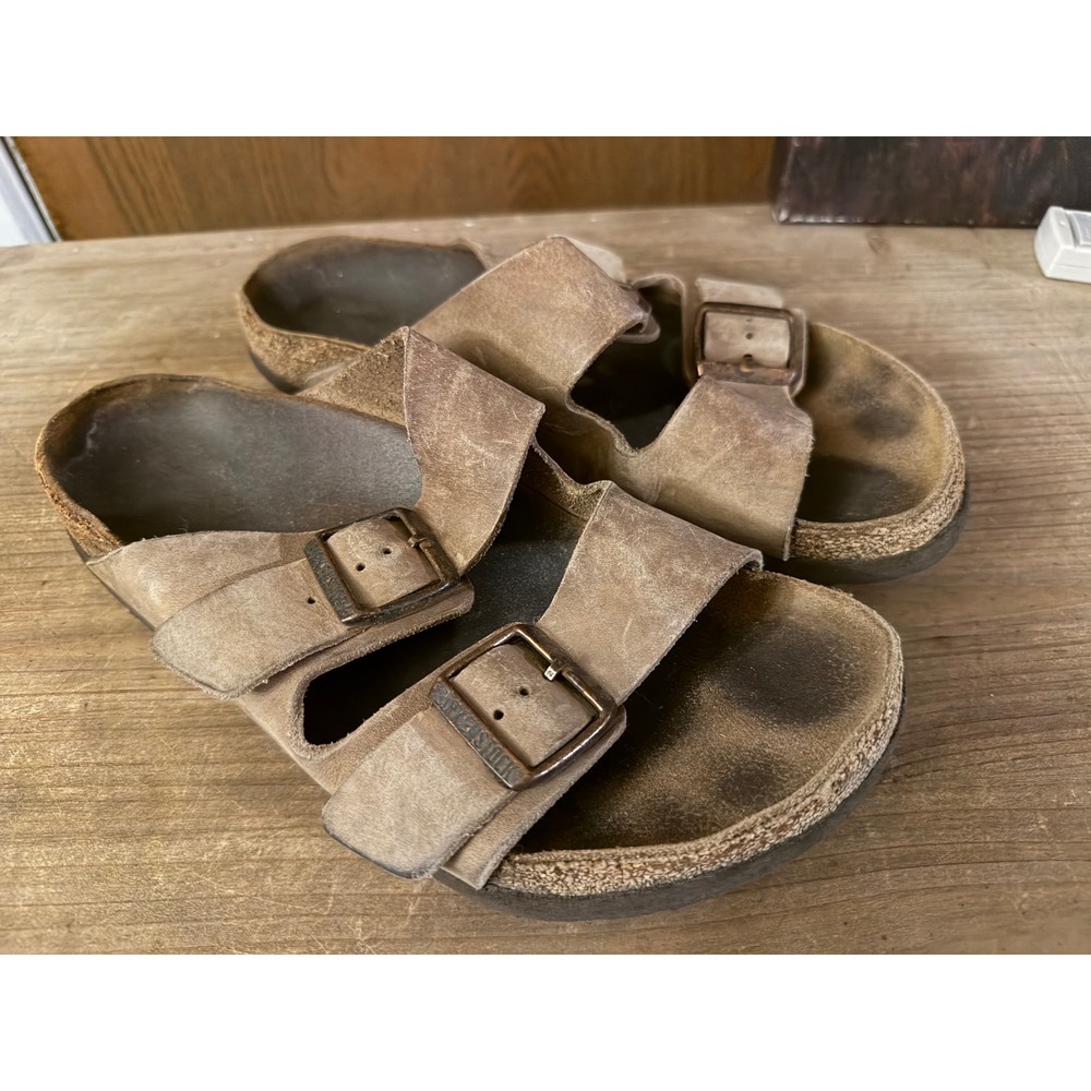 Birkenstock Arizona Tobacco Brown Oiled Leather Two Strap Buckle Sandals Womens